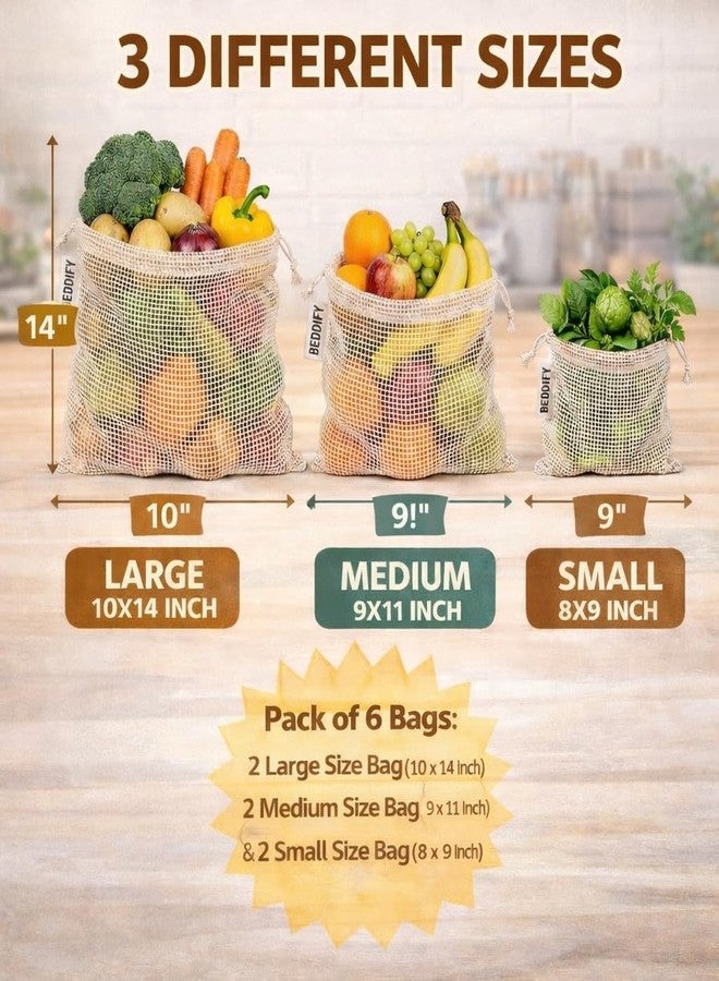 Beddify 100% Cotton Set of 6 Reusable Fridge Storage Bags for Vegetables Fruits Garland and Toys Cotton Net Bags Non-Toxic Eco-Friendly Dual Support Pull String Pouch - Image 2